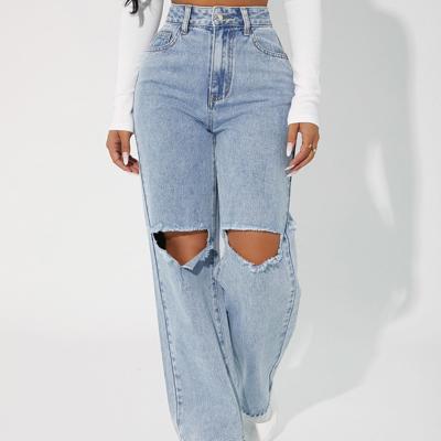 Petite High Waist Straight Leg Mom Jeans - Dark Wash Distressed Denim Light Wash / Petite M