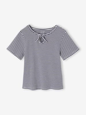 T-shirt voor meisjes met een fantasieknoop blauw, gestreept