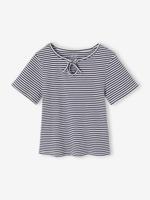 T-shirt voor meisjes met een fantasieknoop blauw, gestreept