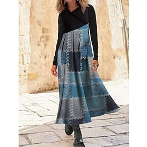 Dames Werk Jurk Modieus Casual jurk Swingjurk Winter jurk Dagelijks nappi Afdrukken Lange jurk maxi-jurk Lange mouw V-hals Normale pasvorm Geometrisch Ruitjes