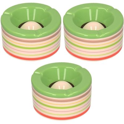 Set van 3x stuks terras asbakken/stormasbakken rond keramiek 14 x 7,5 cm groen met streep