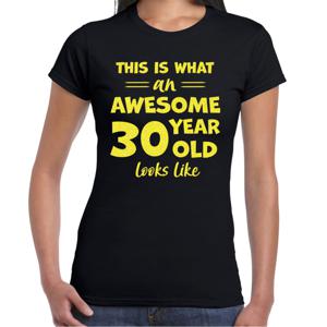 Verkleed T-shirt voor dames - leeftijd 30 jaar - awesome - zwart - glitter geel - Verjaardagsfeest