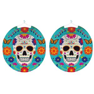 Pakket van 4x stuks ronde lampion 25 cm Day of the Dead sugarskull