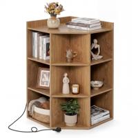 Hoekplank met Oplaadstation op 3 Niveaus Open Houten Plank met 9 Vakken 2 USB-Poorten 4 Stopcontacten voor Boeken Speelgoed Naturel