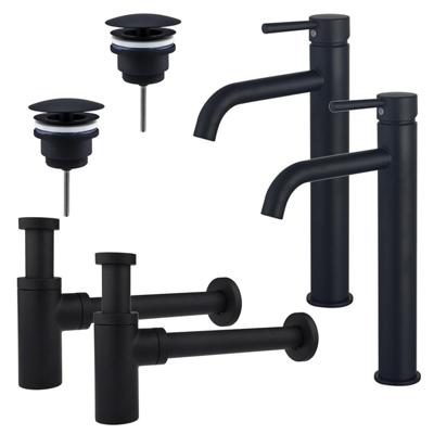 Fortifura Calvi Wastafelkraanset - voor dubbele wastafel - verhoogde wastafelkraan - always open plug - design sifon - Mat zwart 2x SW377834/2x SW696205/2x SW696210