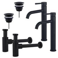 Fortifura Calvi Wastafelkraanset - voor dubbele wastafel - verhoogde wastafelkraan - always open plug - design sifon - Mat zwart 2x SW377834/2x SW696205/2x SW696210