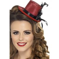 Rode mini hoge hoed met veer - Carnaval verkleed hoedjes - thumbnail