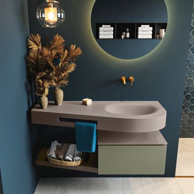 MONDIAZ RIVA 120cm badmeubel onderkast / planchet kleur Army met 1 lade. Wastafel DULCET rechts 0 kraangaten kleur Smoke.