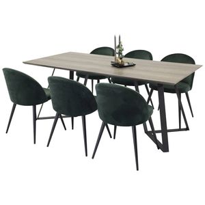 MarinaGRBL eethoek eetkamertafel el hout decor grijs en 6 Velvet eetkamerstal velours groente, zwart.