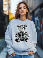 Bon&Bon Women's Teddy Bear Geometric Print Loose Crew Neck Sweatshirt Grey
