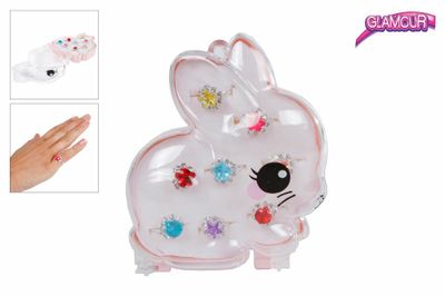 Glamour kinder ringen 8stuks in konijn juwelenbox