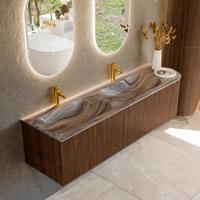 Badmeubel Mondiaz Kurve-Dlux | 165 cm | Meubelkleur Walnut | Wastafelkleur Sombra | Solid surface | Dubbel / Links spoelbak | 2 kraangaten