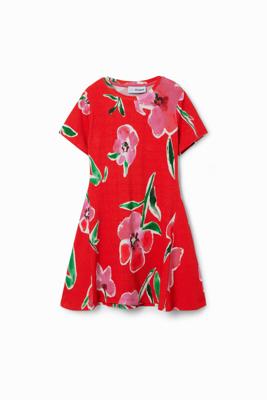 Korte geribde jurk bloemen - RED - 7/8 Korte geribde jurk bloemen - RED - 7/8