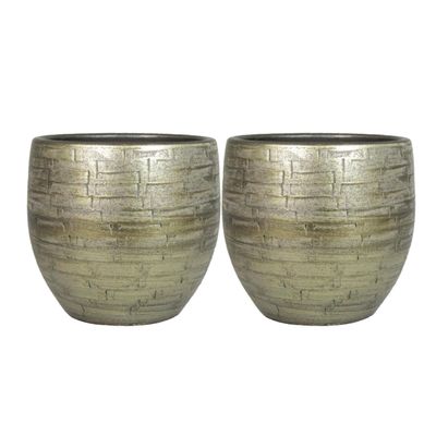 Set van 2x plantenpot/bloempot keramiek glans goud stones patroon - D24/H22 cm