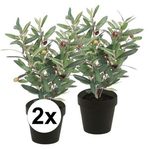 2x Kunstplant olijfboompje groen in zwarte pot 35 cm