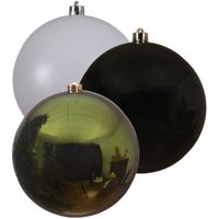 Kerstversieringen set van 6x grote kunststof kerstballen groen-wit-zwart 14 cm glans - thumbnail