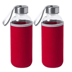 2x Stuks glazen waterfles/drinkfles met rode softshell bescherm hoes 420 ml