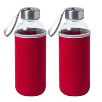 2x Stuks glazen waterfles/drinkfles met rode softshell bescherm hoes 420 ml - thumbnail