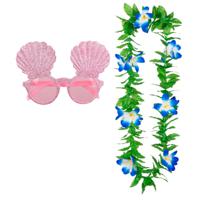 Tropische Hawaii party verkleed accessoires set - schelpen zonnebril - en bloemenkrans groen/blauw - thumbnail