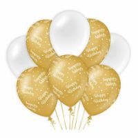 Happy Birthday thema Ballonnen - 24x - goud/wit - Verjaardag - Versiering/feestartikelen