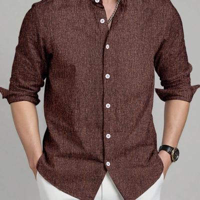 Bon&Bon Men's Stand Collar Long Sleeve Shirt - Dark Grey Casual Top Coffee Brown / XXL
