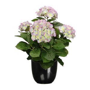 Hortensia kunstplant/kunstbloemen 45 cm - paars/groen - in pot zwart glans