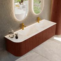 Badmeubel Mondiaz Kurve-Dlux | 155 cm cm | Meubelkleur Ruby | Wastafelkleur Ostra | Solid surface | Dubbel / Rechts spoelbak | 2 kraangaten