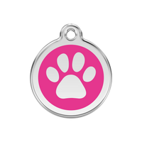 Paw Print Hot Pink roestvrijstalen hondenpenning medium/gemiddeld dia. 3 cm - RedDingo