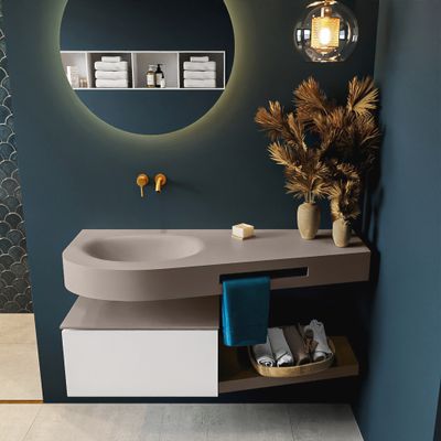MONDIAZ RIVA 120cm badmeubel onderkast / planchet kleur Talc met 1 lade. Wastafel DULCET links 0 kraangaten kleur Smoke. MONDIAZ RIVA 120cm badmeubel onderkast / planchet kleur Talc met 1 lade. Wastafel DULCET links 0 kraangaten kleur Smoke.