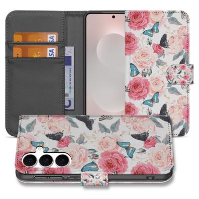 Samsung Galaxy S25 FE | Bookcase | Hoesje Roze Butterfly Roses Met Pasjes