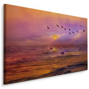 Schilderij - Vogels over de Oceaan, zonsondergang, Premium Print