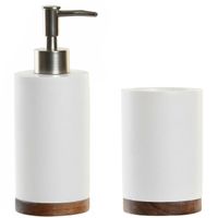 Badkamer accessoires setje drinkbeker en zeeppompje 19 cm wit/hout - thumbnail