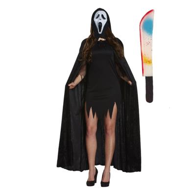 Carnaval Halloween verkleedkleding set - Scream masker - Cape met capuchon zwart - Groot mes 54 cm