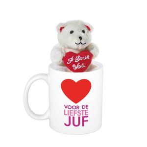 Cadeau beker Voor de liefste juf + beertje met hartje - Juffendag/ Bedankt Juf cadeautje - feest mokken