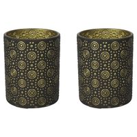 2x stuks luxe theelichthouder/kaarsenhouder - zwart/goud - glas - D10 x H12 cm