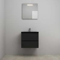 On-Line Badkamermeubelset - 60 cm - Voorgemonteerd - Ladestructuur - Acryl Wastafel - 1 Kraangat - Spiegel met LED-Verlichting - Mat Zwart