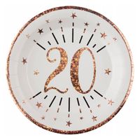 Santex Verjaardag feest bordjes leeftijd - 10x - 20 jaar - rose goud - karton - 22 cm - Feestbordjes