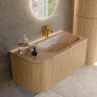 Badmeubel Mondiaz Kurve-Dlux | 95 cm | Meubelkleur Oak | Wastafelkleur Arena | Solid surface | Wasbak rechter zijde spoelbak | 1 kraangat