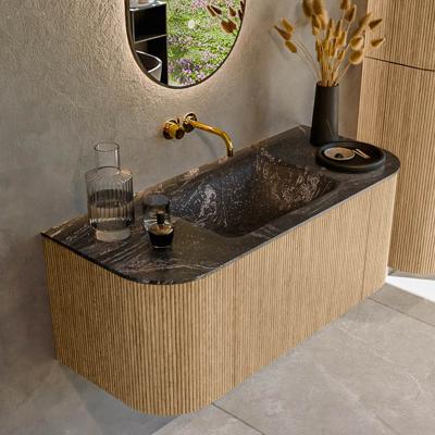 Mondiaz KURVE-DLUX 110 cm Onderkast Greeploos 1 Lade Met Deuren Oak, Wastafel Solid Surface Midden Lava 0 Kraangaten Zonder Spiegel (KRVCLO110L+R1L2D0KM-Oak/Lav)