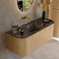 Mondiaz KURVE-DLUX 110 cm Onderkast Greeploos 1 Lade Met Deuren Oak, Wastafel Solid Surface Midden Lava 0 Kraangaten Zonder Spiegel (KRVCLO110L+R1L2D0KM-Oak/Lav)