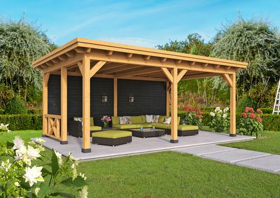Overkapping Plat Dak Odense XL Type 2 Red Class Wood 550x378 cm - Zwarte wanden- Plat dak- Hout- Tuindeco