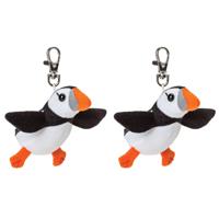 Pluche knuffeldier Papegaaiduiker vogel sleutelhanger - 2x - zwart/wit - 9 cm - clip sluiting