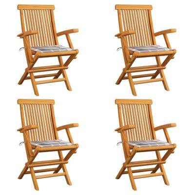 Tuinstoelen 4 st met grijs geruite kussens massief teakhout