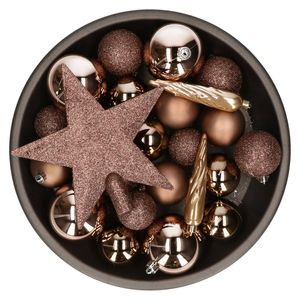 Set van 33x stuks kunststof kerstballen met ster piek walnoot bruin mix - Kerstbal