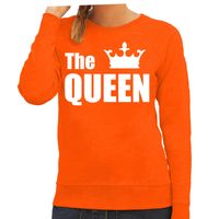 The queen sweater / trui oranje met witte letters en kroon dames - thumbnail