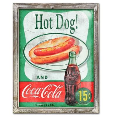 Hot Dog And Coca-Cola Vintage 44cm x 34cm Metalen Wandbord Met Houten Omlijsting Hot Dog And Coca-Cola Vintage 44cm x 34cm Metalen Wandbord Met Houten Omlijsting