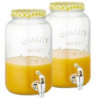 Set van 2x stuks glazen drankdispensers/limonadetap met geel/wit geblokte dop 3,5 liter - thumbnail