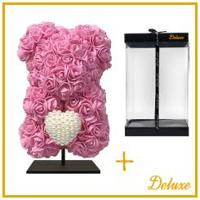 Beer DELUXE op standaard 25cm - fuchsia roze foam met diamanten hart - in luxe cadeauverpakking 25 cm