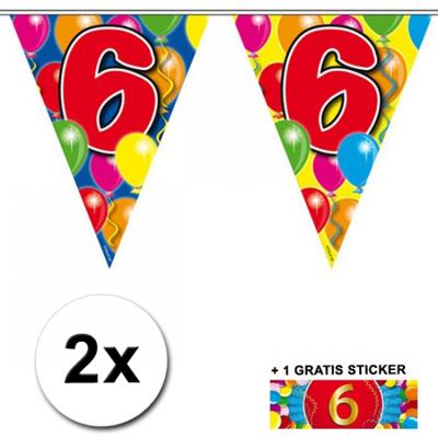 Leeftijd versiering - 2x vlaggenlijnen 6 jaar - met gratis sticker - feestartikelen - verjaardag