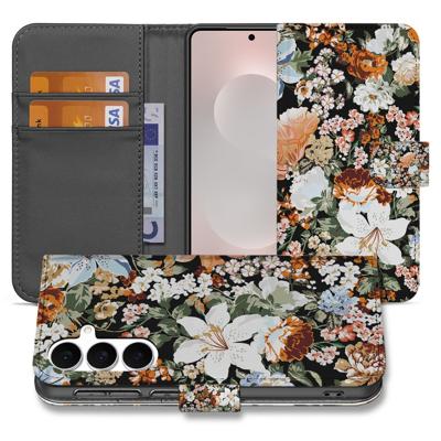 PU Leer Portemonnee Hoes Dark Flowers Voor Samsung Galaxy S25 FE Met 3 Pasjes